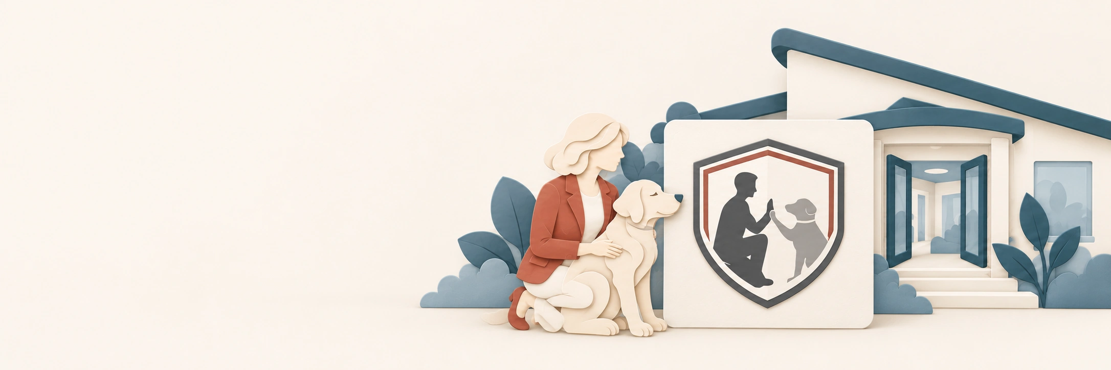 TGI-Mitgliedschaft: Mensch-Hund-Team, TGI-Wappen und Einrichtung in einer klaren Papierillustration.